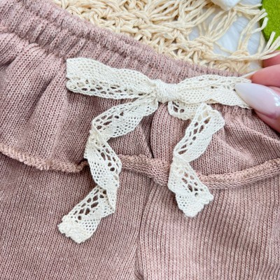 Conj. Body Manga Longa Bordado Flores e Calça - Off White e Avelã